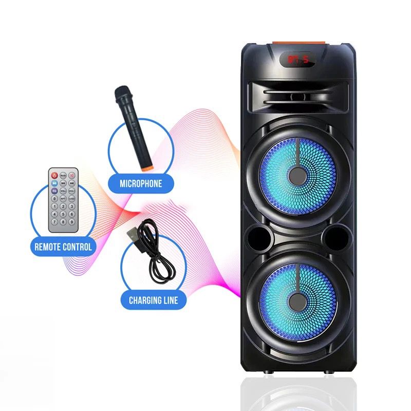 VEĽKÝ REPRODUKTOR 4500 mAh 8'' X2 S BEZPLATNÝM BEZDRÔTOVÝM MIKROFÓNOM A DIAĽKOVÝM OVLÁDANÍM