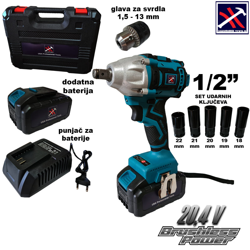 Hammer Tools Aku skrutkovač X2 Li-ion batérie + vŕtacia hlava 1,5-13mm + 5 bitov 18,19,20,21,22mm