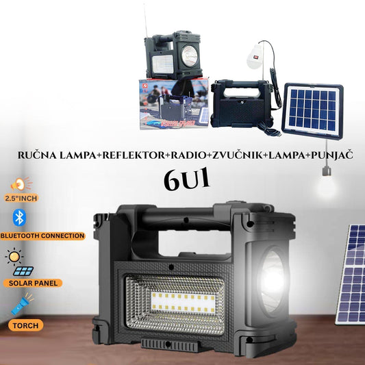 SOLÁRNE ZARIADENIE 6U1 (REPRODUKTOR+REFLEKTOR+RUČNÁ LAMPA+NABÍJAČKA+RÁDIO)