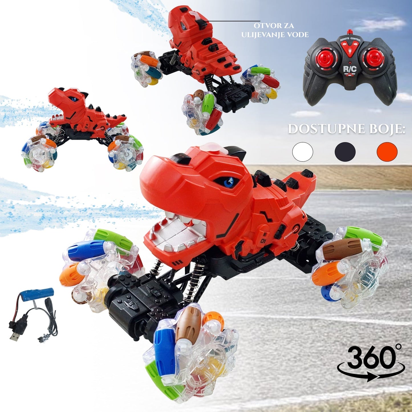 XXL DINOSAUR 360 DIAĽKOVÉ OVLÁDANIE S VODNÝM SPREJOVACÍM EFEKTOM BURNUTIA A LED KOLESÁM