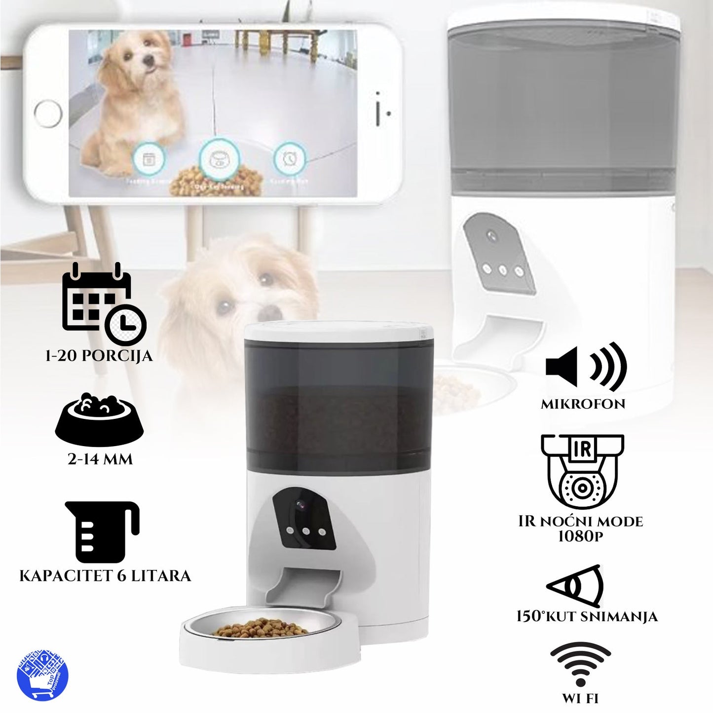 CHYTRÝ SMART WIFI PODÁVAČ 6L PRE ZVIERATKÁ S APLIKÁCIOU KAMERY, MIKROFÓNU A OVLÁDANIE