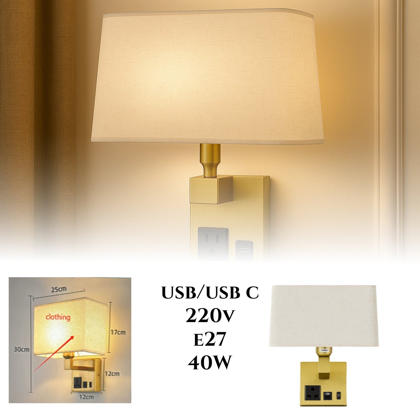 Zidna Lampa s Ugrađenim USB/USB-C Punjenjem + utičnica