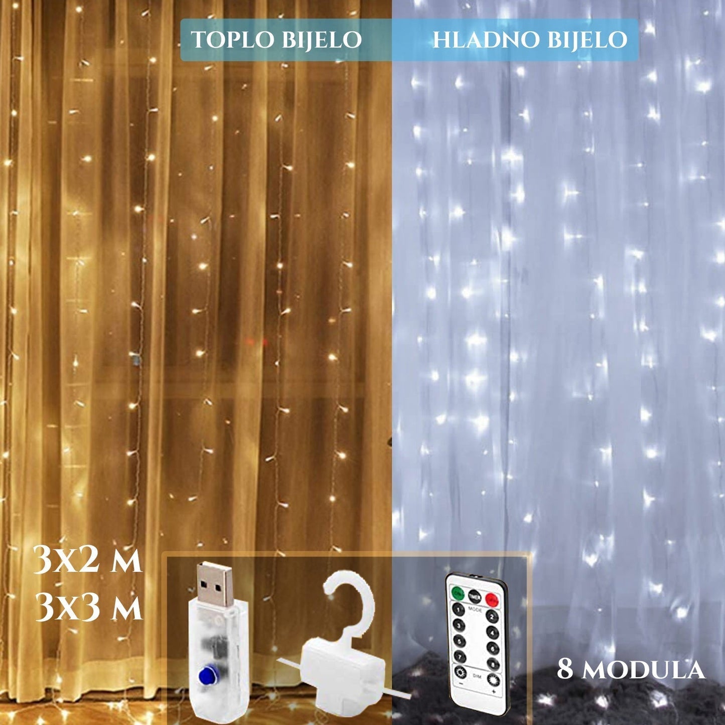 LED záves na okná s vešiakom a diaľkovým ovládaním 3X3M